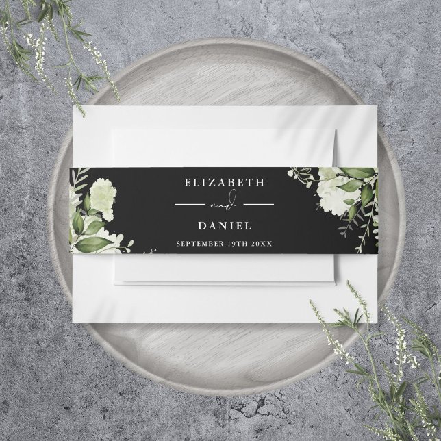 Grüne Schwarz-Weiß-Hochzeit Einladung Einladungsbanderole (Greenery Floral Black And White Wedding Invitation Invitation Belly Band)