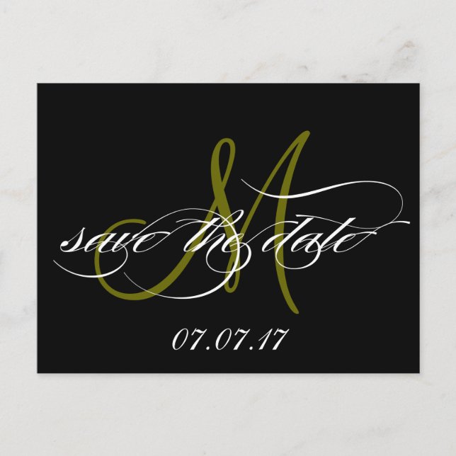 Grüne Schwarz-weiße Monogramm Save the Date Postka Ankündigungspostkarte (Vorderseite)