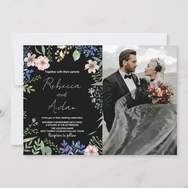 Grüne Schwarze Blütenhochzeit Einladungen mit Foto (Vorderseite)