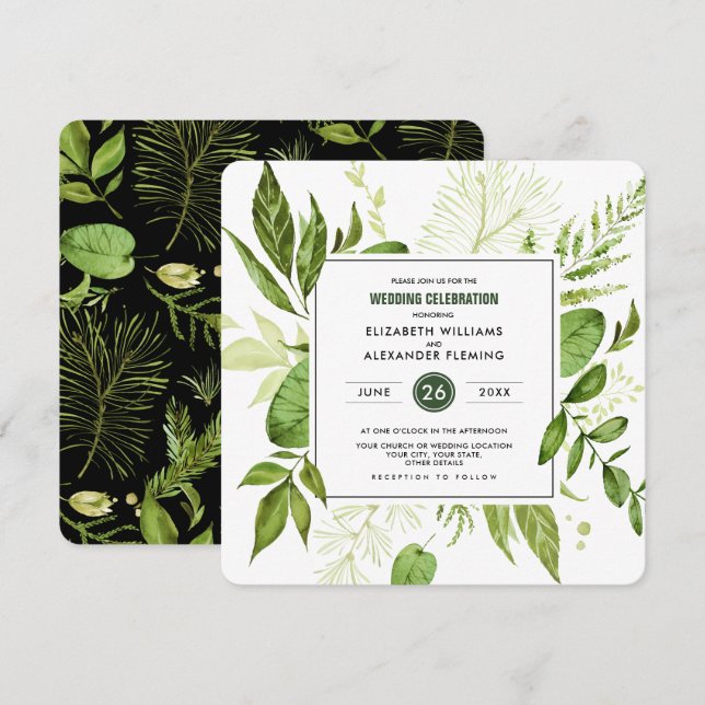 Grüne Schwarze Botanische Wasserfarbenhochzeit Einladung (Vorne/Hinten)