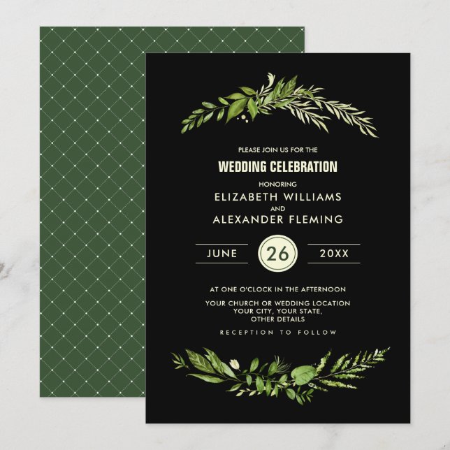 Grüne Schwarze Botanische Wasserfarbenhochzeit Einladung (Vorne/Hinten)