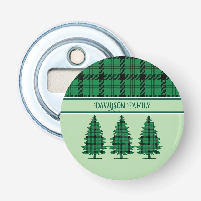 Grüne schwarze, gemütliche Tartan Pine Trees Flaschenöffner (Vorderseite)