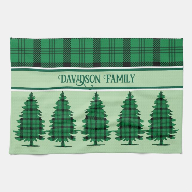 Grüne schwarze, gemütliche Tartan Pine Trees Geschirrtuch (Horizontal)