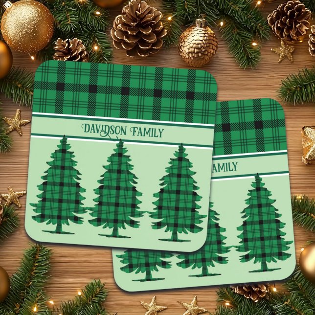 Grüne schwarze, gemütliche Tartan Pine Trees Getränkeuntersetzer (Von Creator hochgeladen)