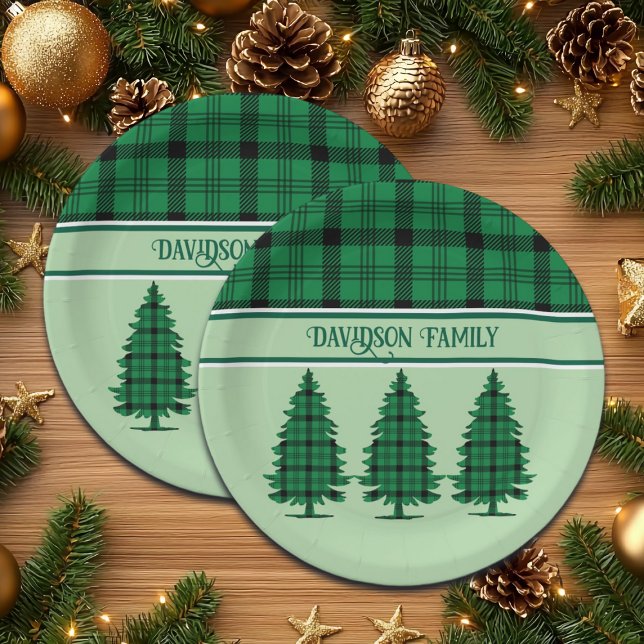 Grüne schwarze, gemütliche Tartan Pine Trees Pappteller (Von Creator hochgeladen)
