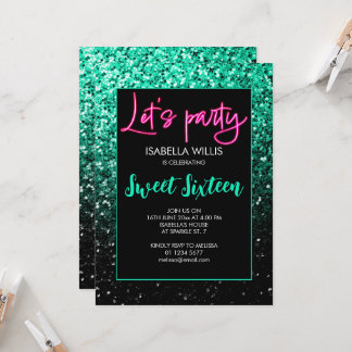 Grüne schwarze Glitzern Sweet 16 Neon lasse Party Einladung