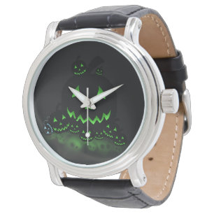 Grüne, schwarze Halloween-Kürbislaternen Armbanduhr