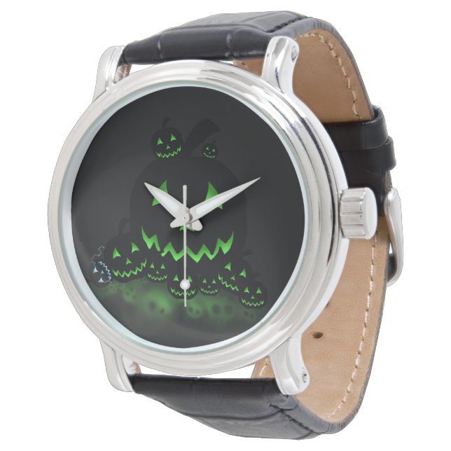 Grüne, schwarze Halloween-Kürbislaternen Armbanduhr (Schrägansicht)
