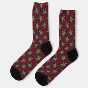 Grüne Seesterne auf Bordeaux-Mustersocken Socken