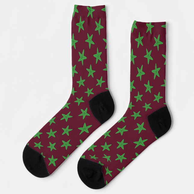 Grüne Seesterne auf Bordeaux-Mustersocken Socken (Linkes Detail)