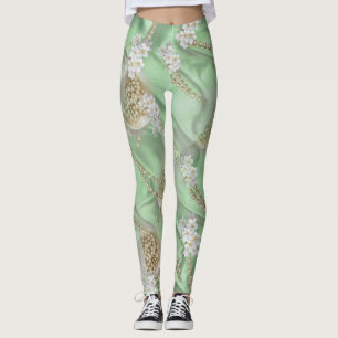 Grüne Seide und Elfenbein-Perlen Leggings