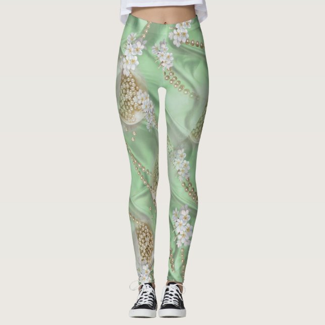 Grüne Seide und Elfenbein-Perlen Leggings (Vorderseite)