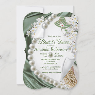 Grüne Seide und Elfenbeinperlen Brautparty Einladung