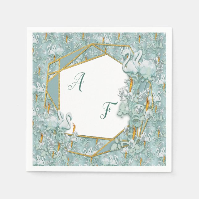 Grüne Seidendraht und Flamingos-Blume Serviette (Vorderseite)