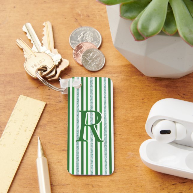 Grüne Silber Glitzer Streifen Mit Monogramm, kunde Schlüsselanhänger (Schreibtisch)