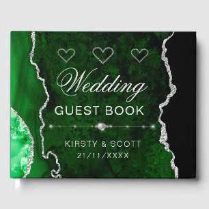 Grüne & silberne falsche Glitter-Achat-Hochzeit Gästebuch