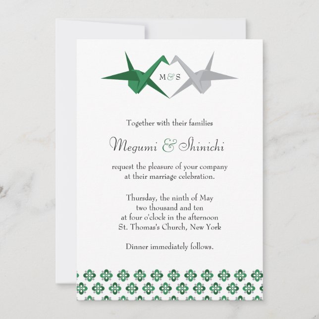 Grüne/Silberne Origami-Krane Hochzeit Einladung (Vorderseite)