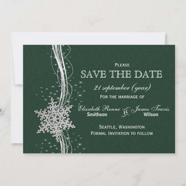 grüne Silberschneeflocken Winter Save the Date (Vorderseite)