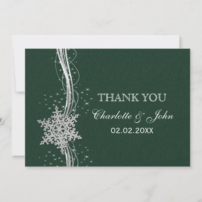 grüne Silberschneeflocken Winterhochzeit Danke Einladung (Vorderseite)