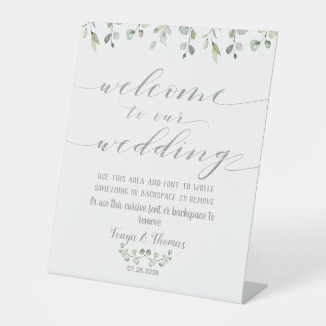 Grüne Silver Extravagant Calligrafy Wedding Willko Sockelschild (Vorderseite)