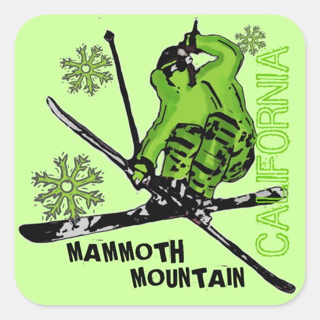 Grüne Skifahreraufkleber Mammoth Mountain Quadratischer Aufkleber (Vorderseite)