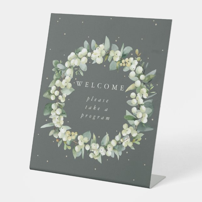 Grüne Snowberry+Eukalyptus - Begrüßungstabelle Sockelschild (Vorderseite)