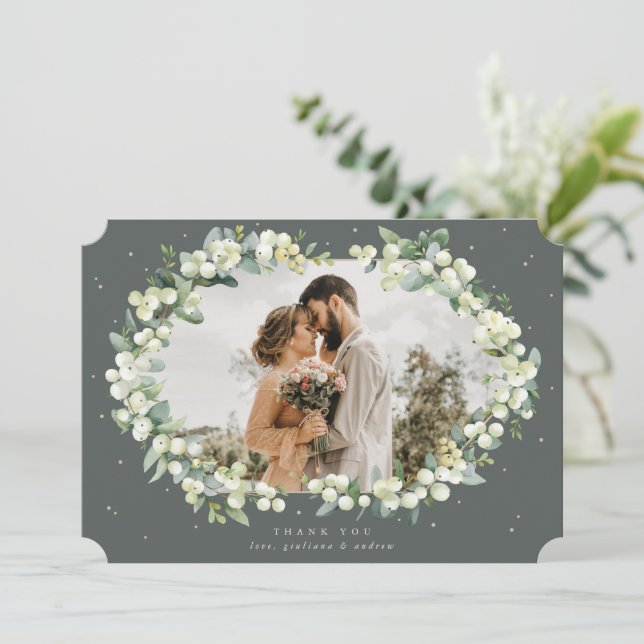 Grüne Snowberry+Eukalyptus Hochzeitsames flaches F Dankeskarte (Stehend Vorderseite)