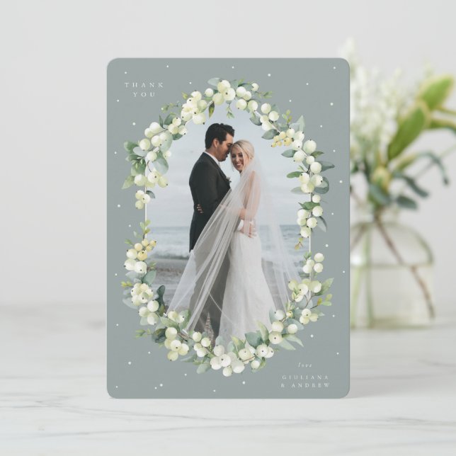 Grüne Snowberry+Eukalyptus Hochzeitsames flaches F Dankeskarte (Stehend Vorderseite)