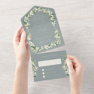 Grüne Snowberry+Eukalyptus Hochzeitsempfang nur All In One Einladung