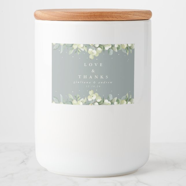 Grüne Snowberry+Eukalyptus Winter Wedding Gefallen Lebensmitteletikett (Vorderseite)