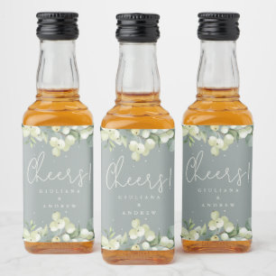 Grüne Snowberry+Eukalyptus Winter Wedding Mini Alkoholflaschenetikett