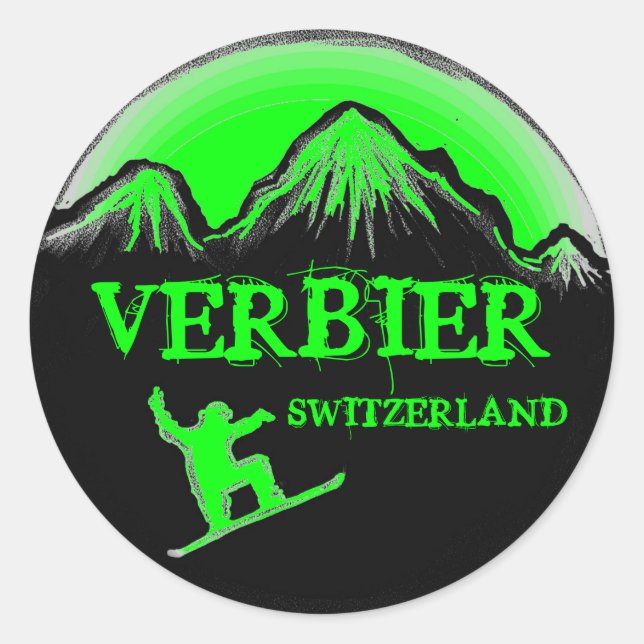 Grüne Snowboard-Aufkleber in Verbier Schweiz Runder Aufkleber (Vorderseite)
