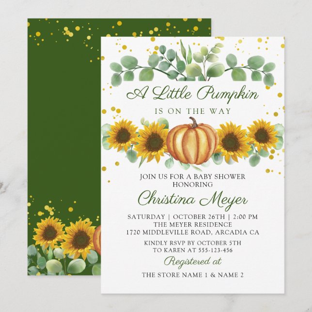 Grüne Sonnenblumen Autumn Pumpkin Baby Shower Einladung (Vorne/Hinten)