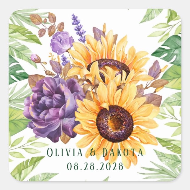 Grüne Sonnenblumen und Lila Blumenzehen Quadratischer Aufkleber (Vorderseite)
