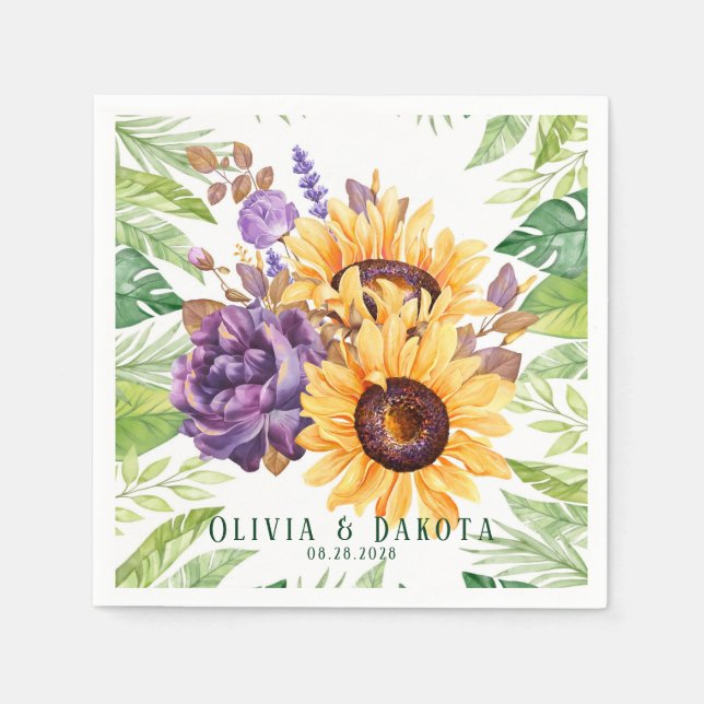 Grüne Sonnenblumen und Lila Blumenzehen Serviette (Vorderseite)