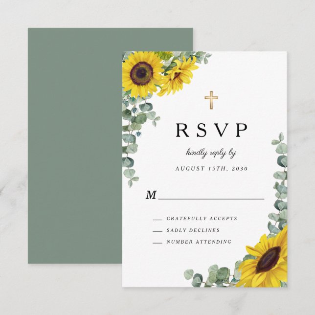 Grüne Sonnenblumenhochzeit auf religiösem Kreuz RSVP Karte (Vorne/Hinten)
