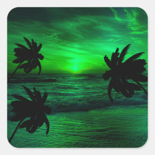 GRÜNE SONNENUNTERGÄNGE OZEAN PANORAMISCH QUADRATISCHER AUFKLEBER