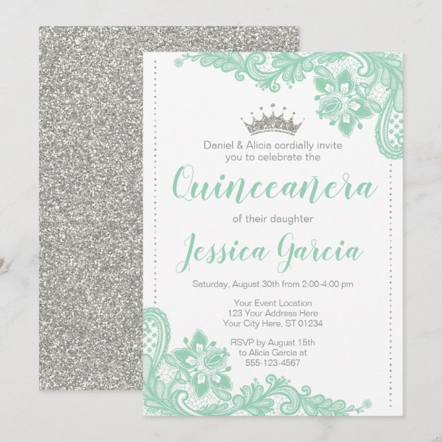 Grüne Spitze-u. Silber-Glitzer-Prinzessin Einladung (Vorne/Hinten)
