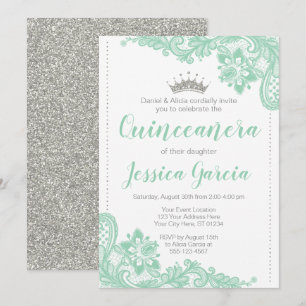 Grüne Spitze-u. Silber-Glitzer-Prinzessin Einladung