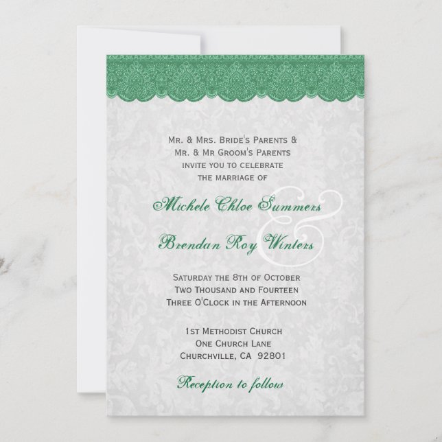 Grüne Spitzen-Monogramm-Hochzeit R432 Einladung (Vorderseite)