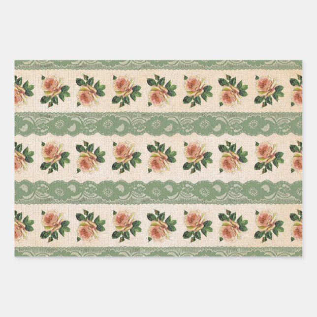 Grüne Spitzen und rosa Rose Vintag Geschenkpapier Set (Vorderseite)