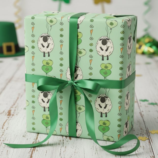 Grüne St. Patrick's Day Schafe & Shamrock Ballons Geschenkpapier (Happy Saint Patricks Day Gift Wrap. Striped Pattern of Irish Sheep & Green Shamrock Heart Balloons)