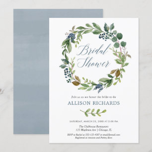 Grüne staubige blaue Blumenreste rustikale Braut Einladung