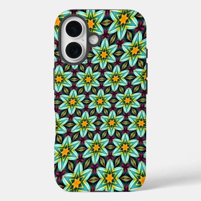 Grüne Sterne Blumenmuster iPhone 16 Hülle (Rückseite)