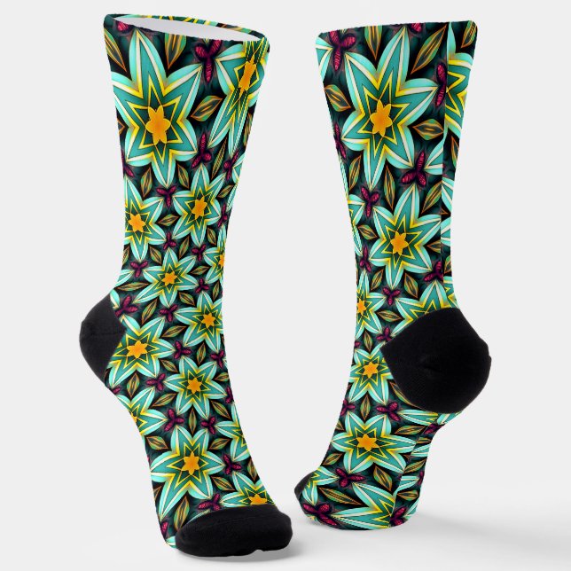 Grüne Sterne Blumenmuster Socken (Gewinkelt)