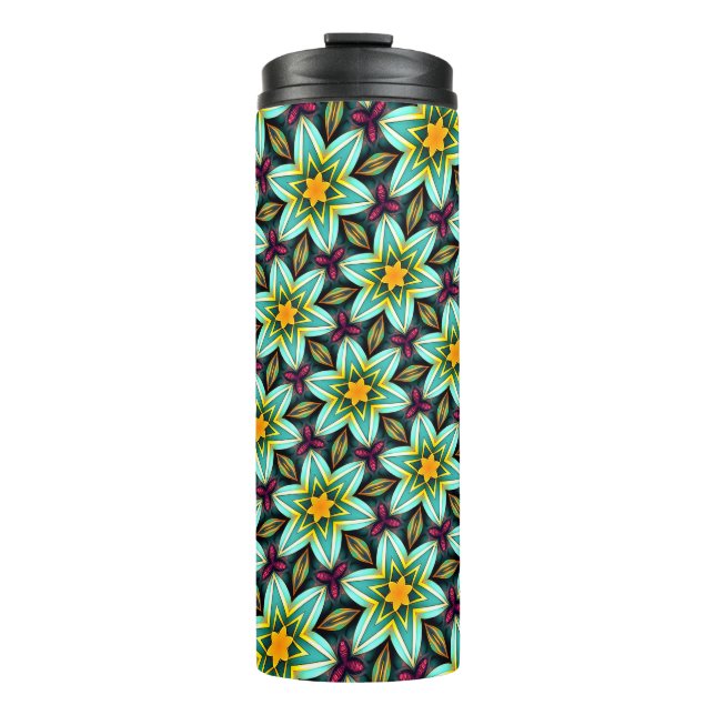 Grüne Sterne Blumenmuster Thermosbecher (Vorderseite)