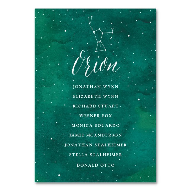 Grüne Sterne Hochzeitskarte Orion Tischnummer (Vorderseite)