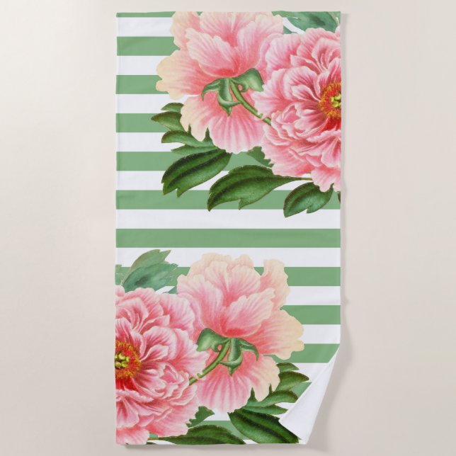 Grüne Streifen aus rosafarbenen Peonies Strandtuch (Vorderseite)