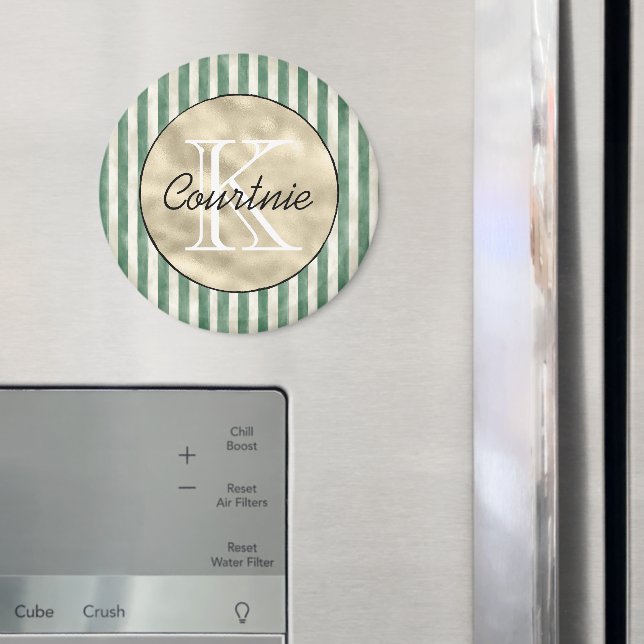 Grüne Streifen Creme Gold Monogramm Magnet (In Situ (Kühlschrank))
