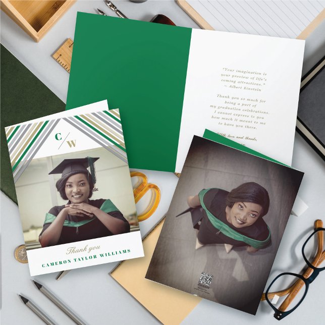 Grüne Streifen Foto Moderner Abschluss Dankeskarte (Green Gold Grey Diagonal Stripes Photo Modern Graduation Thank You Card @ zazzle.com/color_therapy)